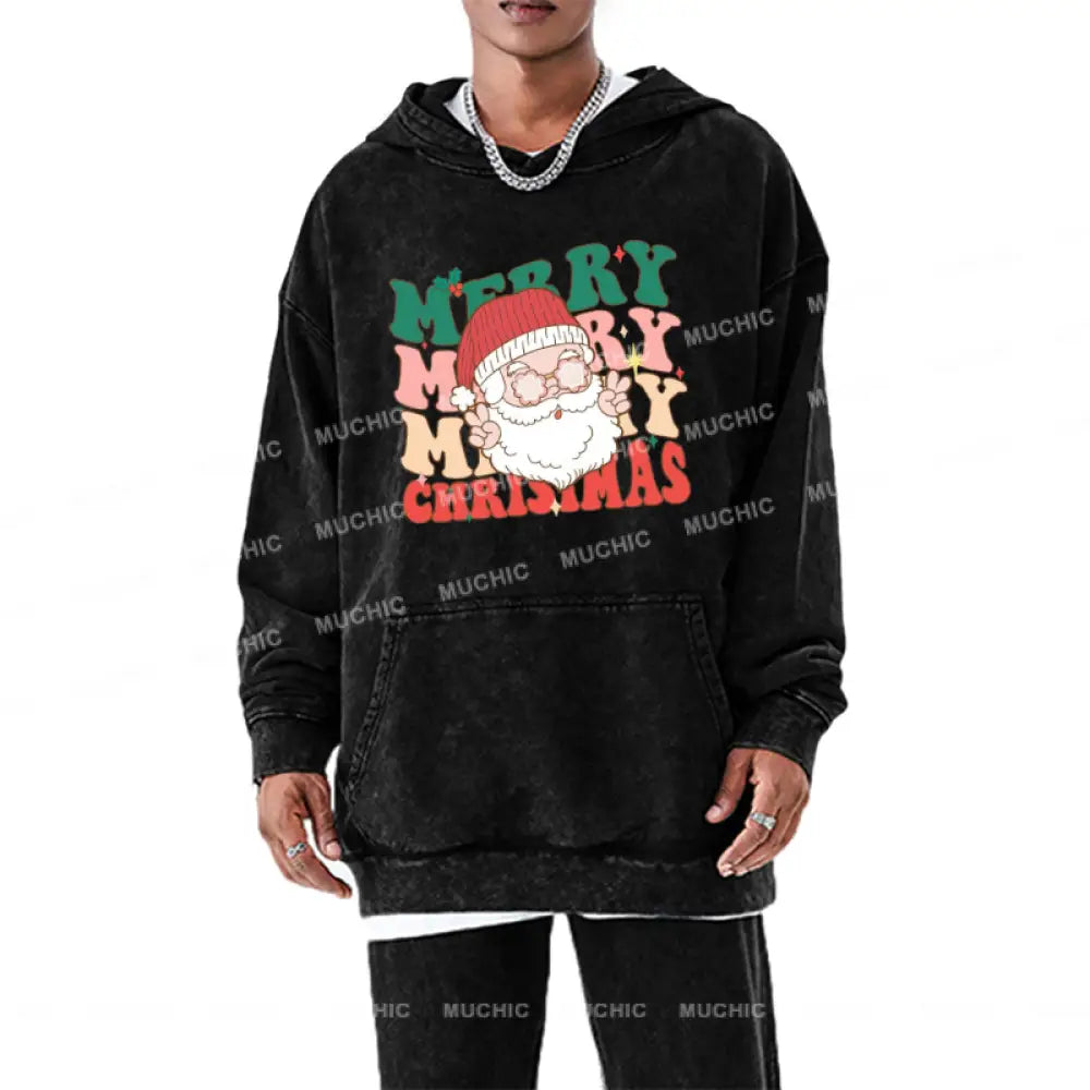 Muchic Merry Christmas Unisex Printed Casual Washed Plush Thickening Hoodie Sweatshirt