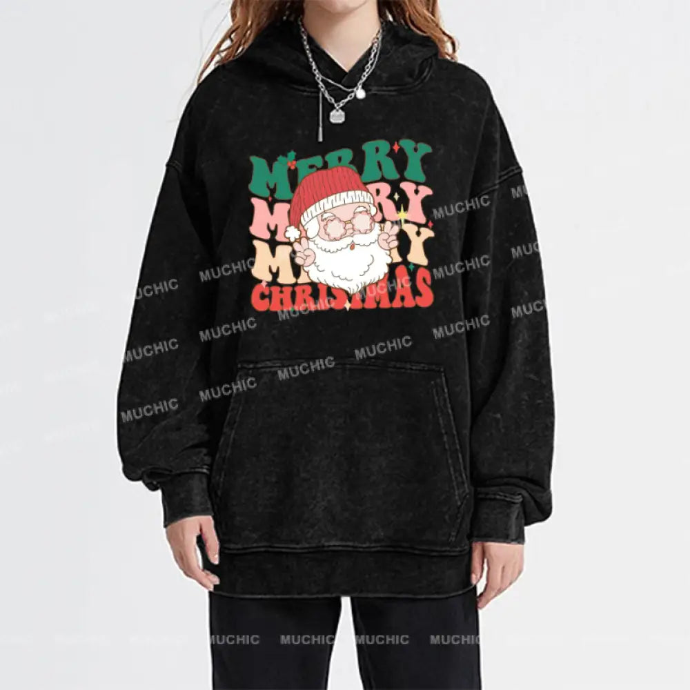 Muchic Merry Christmas Unisex Printed Casual Washed Plush Thickening Hoodie Sweatshirt