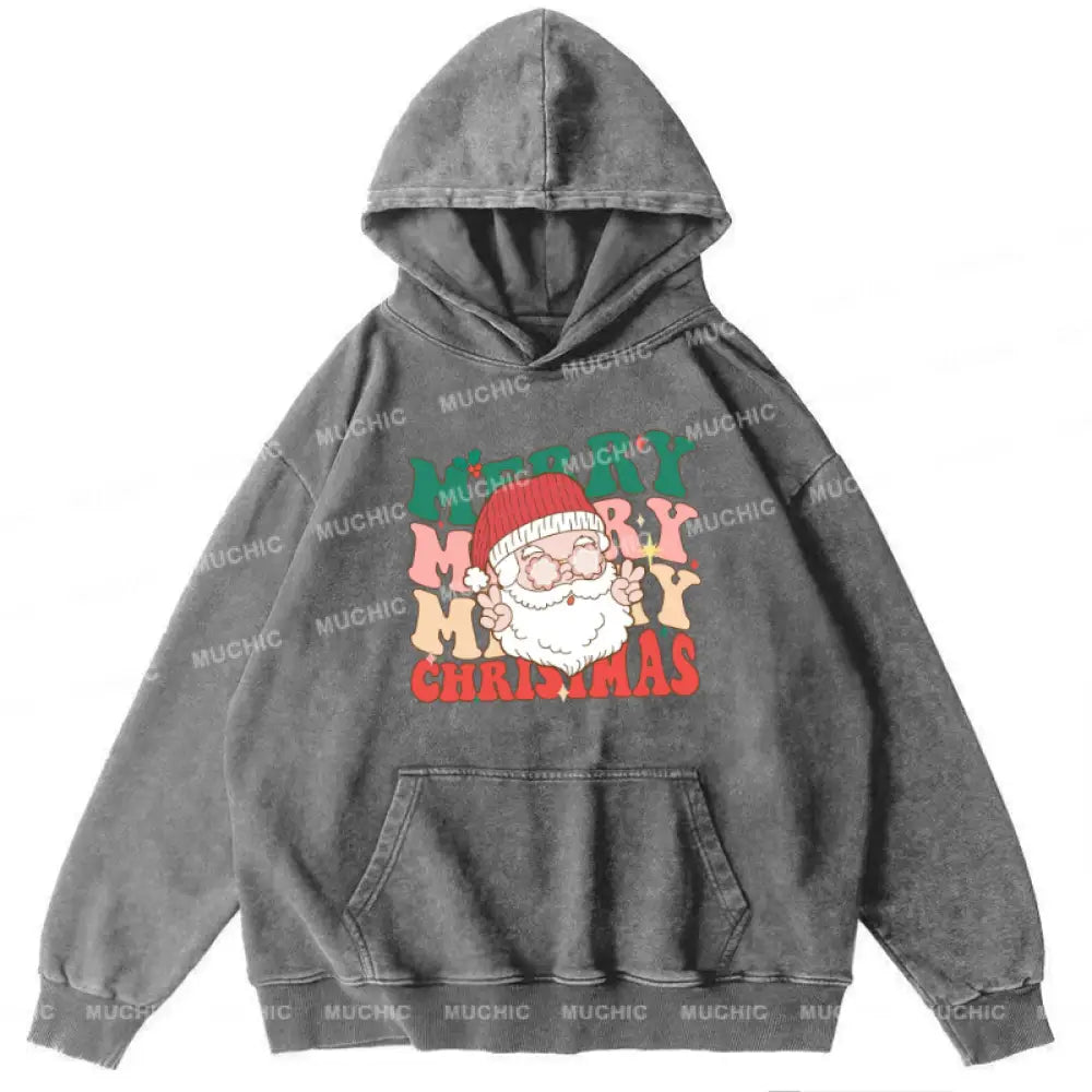 Muchic Merry Christmas Unisex Printed Casual Washed Plush Thickening Hoodie Sweatshirt Grey / M