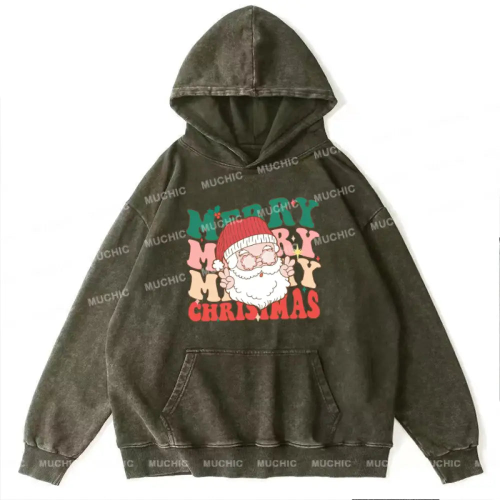 Muchic Merry Christmas Unisex Printed Casual Washed Plush Thickening Hoodie Sweatshirt Olive / M