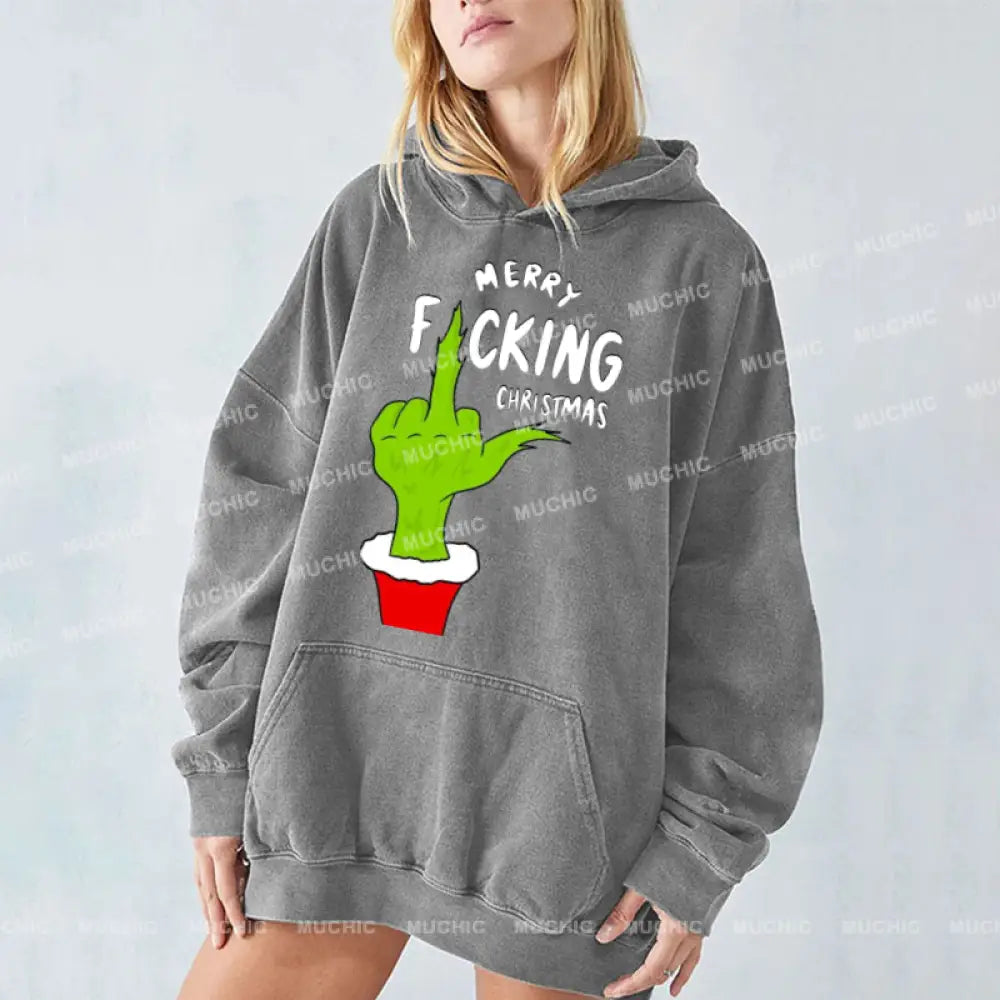 Muchic Merry Fucking Christmas Unisex Printed Casual Washed Plush Thickening Hoodie Sweatshirt