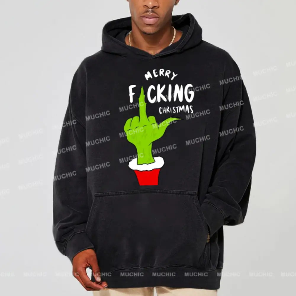 Muchic Merry Fucking Christmas Unisex Printed Casual Washed Plush Thickening Hoodie Sweatshirt