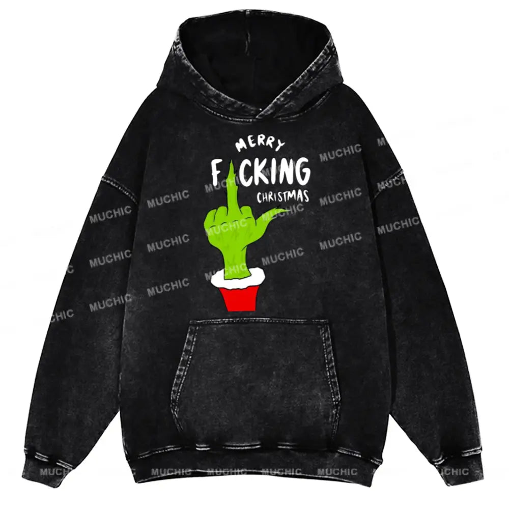 Muchic Merry Fucking Christmas Unisex Printed Casual Washed Plush Thickening Hoodie Sweatshirt