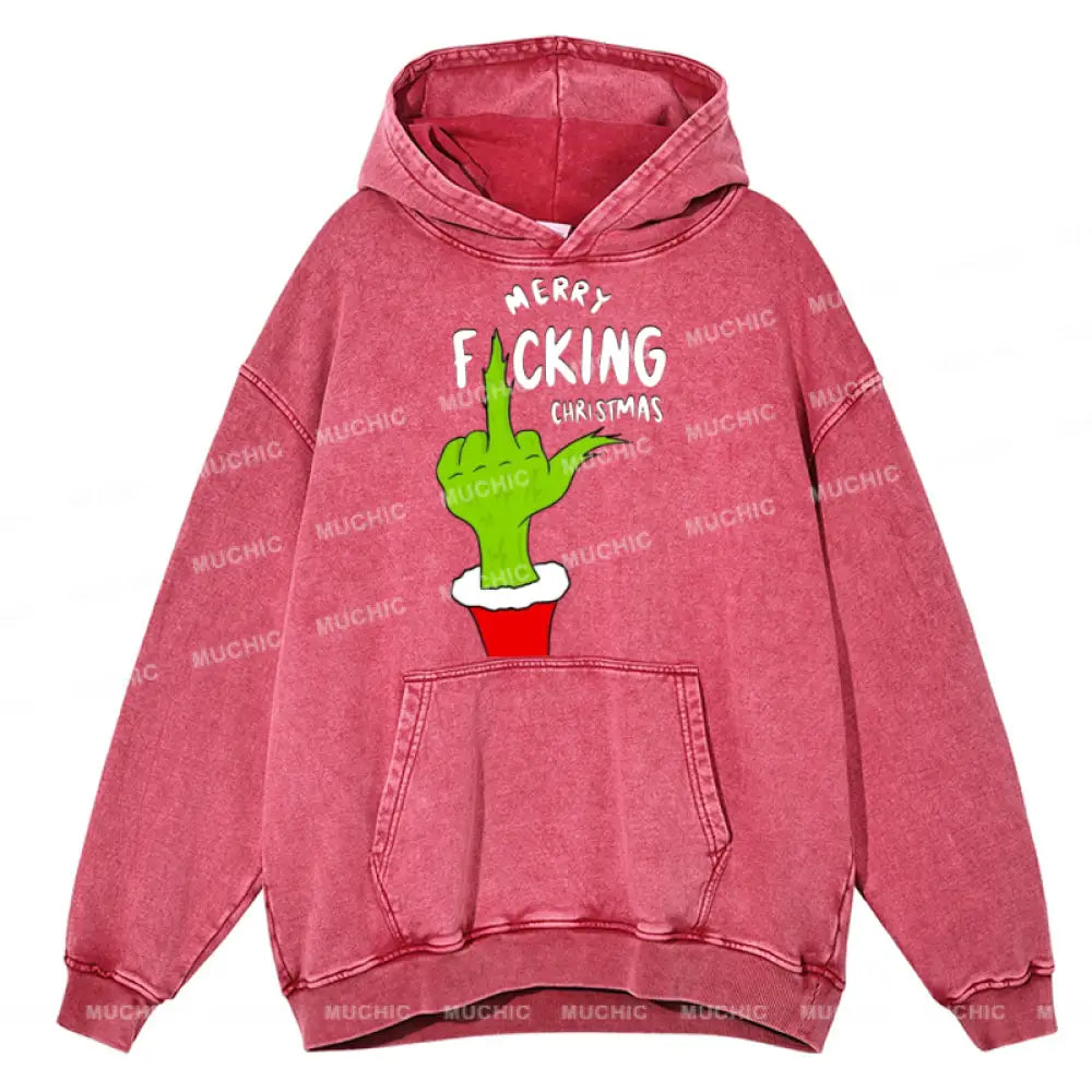 Muchic Merry Fucking Christmas Unisex Printed Casual Washed Plush Thickening Hoodie Sweatshirt