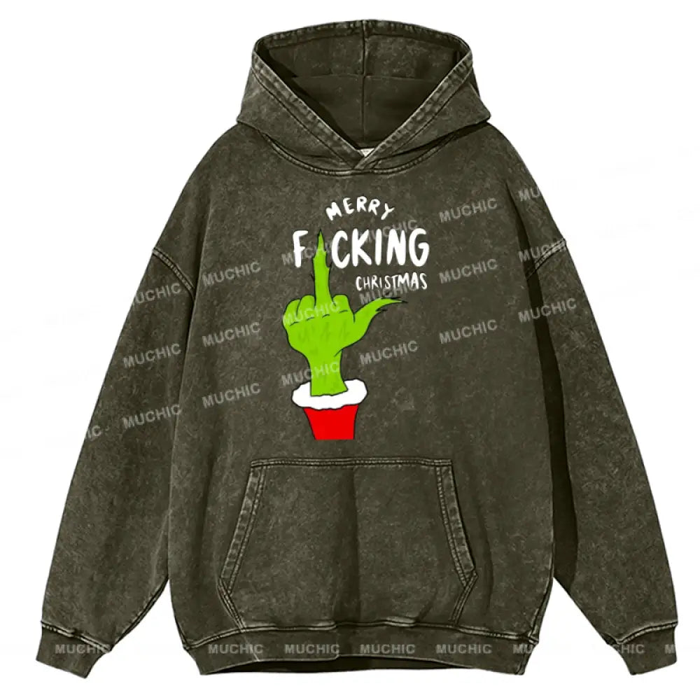 Muchic Merry Fucking Christmas Unisex Printed Casual Washed Plush Thickening Hoodie Sweatshirt