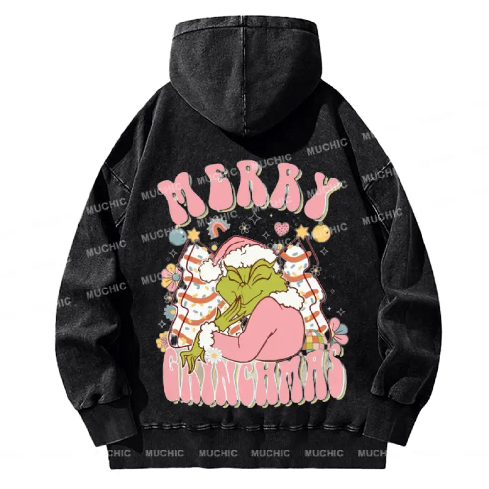 Muchic Merry Grinchmas Back Printed Unisex Casual Washed Plush Thickening Hoodie Sweatshirt Black /