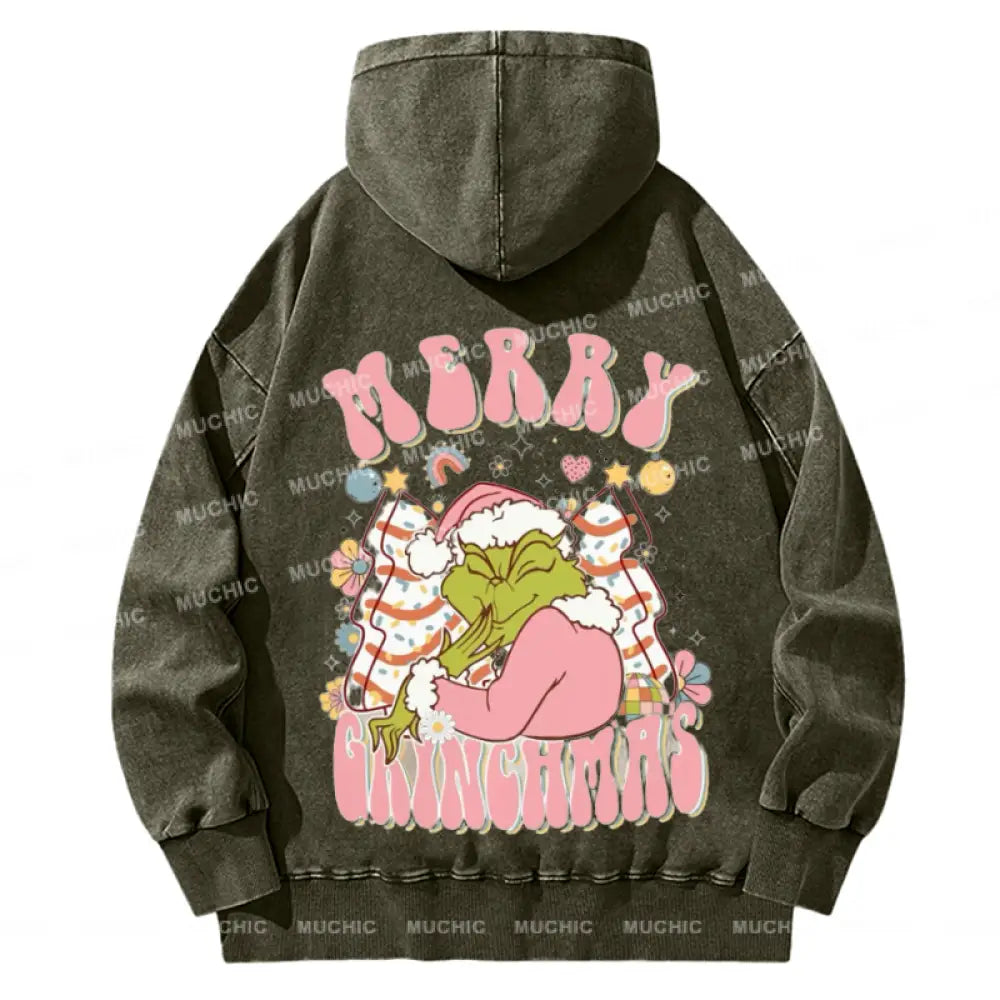 Muchic Merry Grinchmas Back Printed Unisex Casual Washed Plush Thickening Hoodie Sweatshirt Olive /