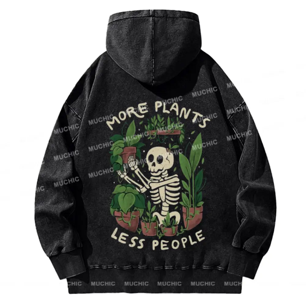 More Plants Less People Back Printed Unisex Casual Washed Hoodie Sweatshirt Black / M