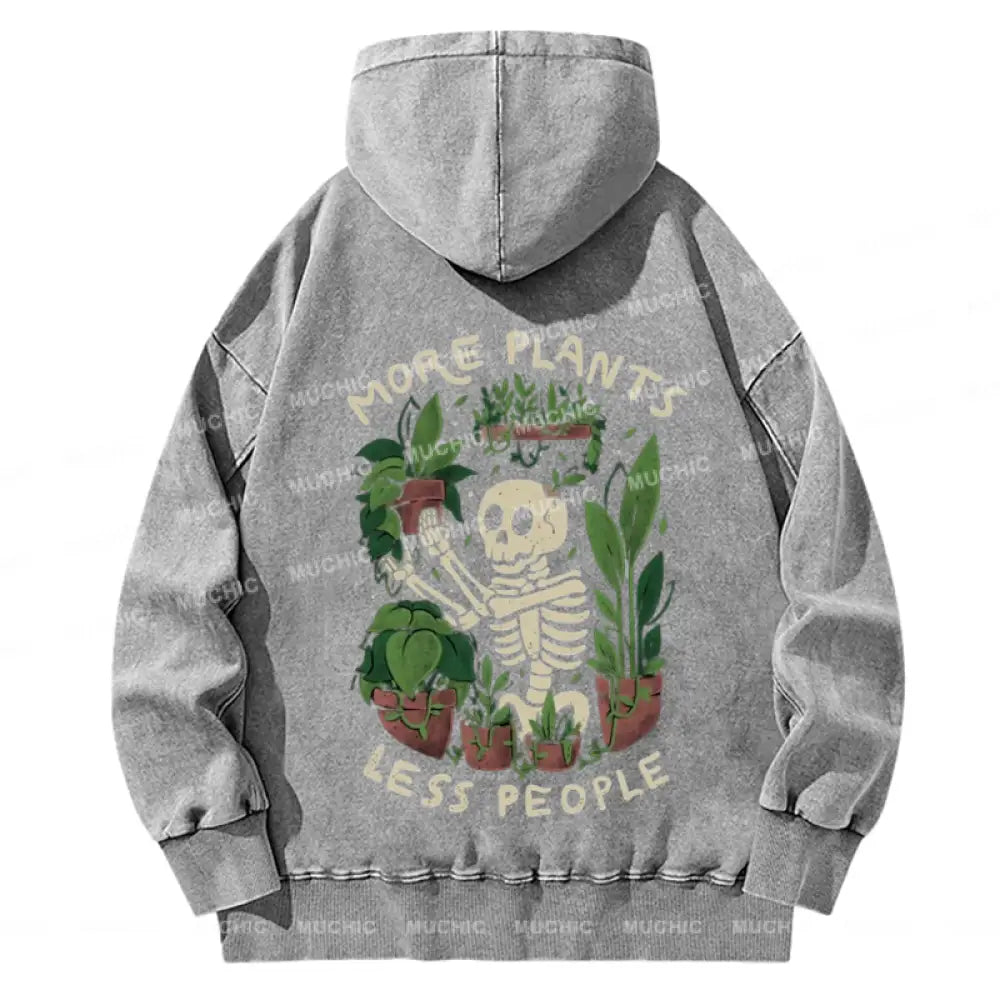 More Plants Less People Back Printed Unisex Casual Washed Hoodie Sweatshirt Grey / M