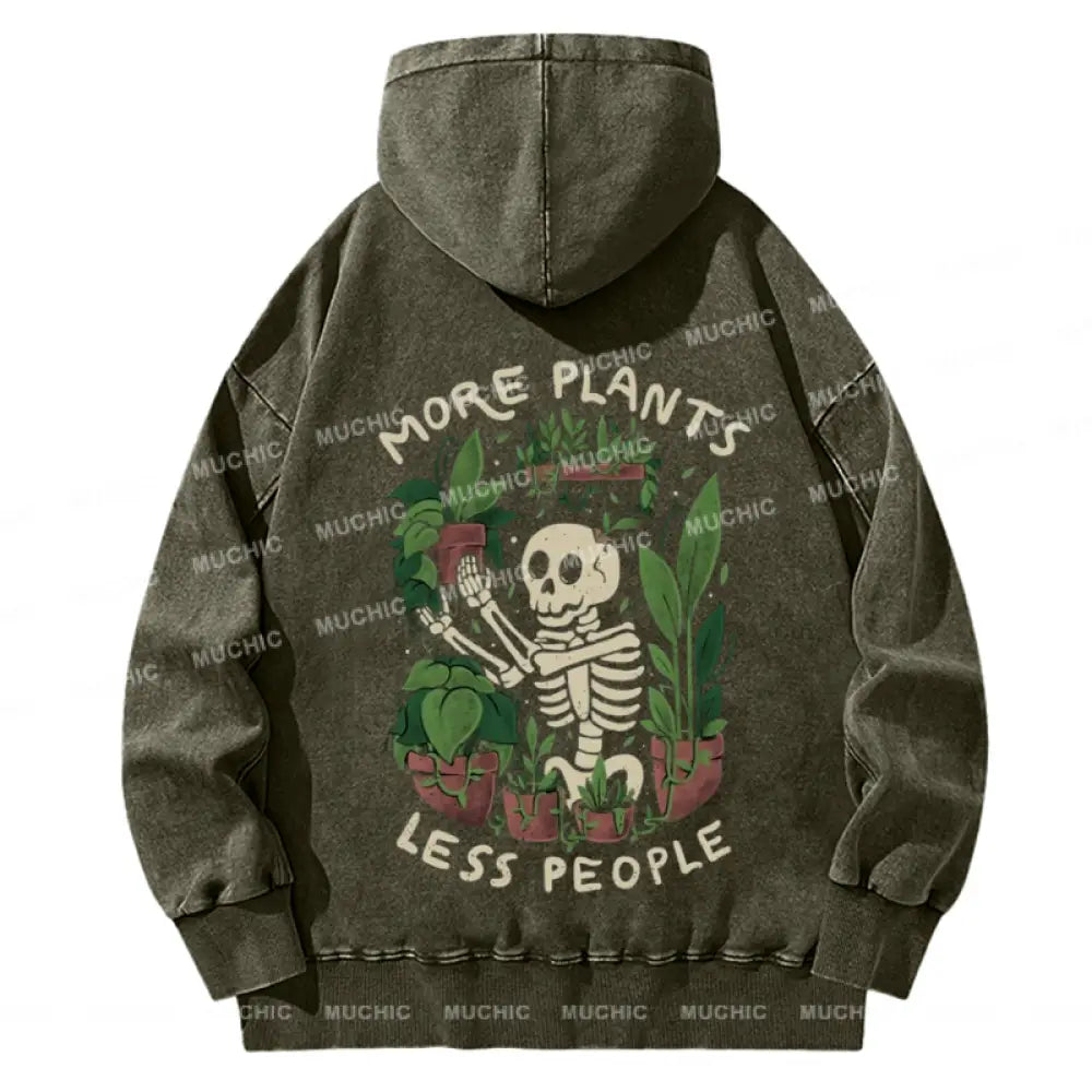 More Plants Less People Back Printed Unisex Casual Washed Hoodie Sweatshirt Olive / M