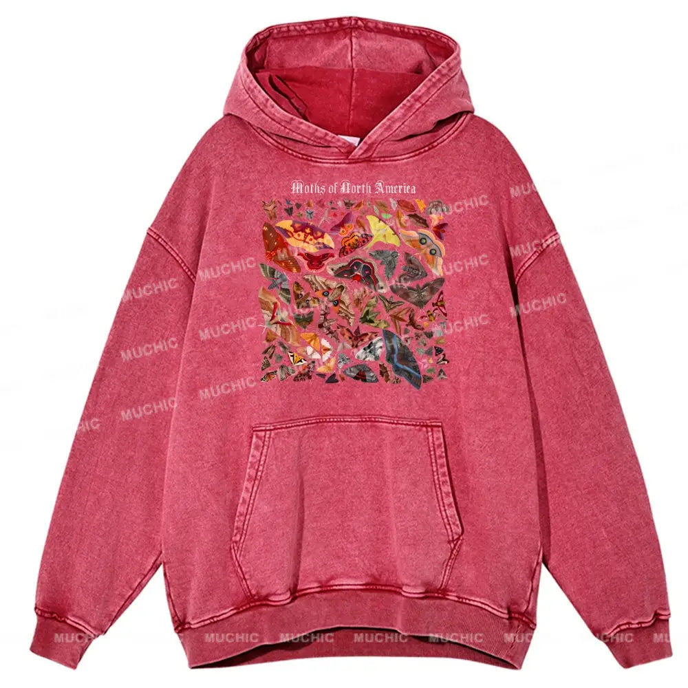 Moths Of The North America Unisex Printed Casual Washed Hoodie Sweatshirt Hotpink / M