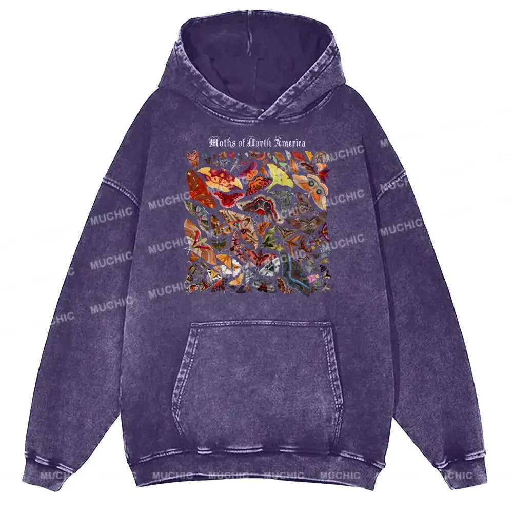 Moths Of The North America Unisex Printed Casual Washed Hoodie Sweatshirt Purple / M