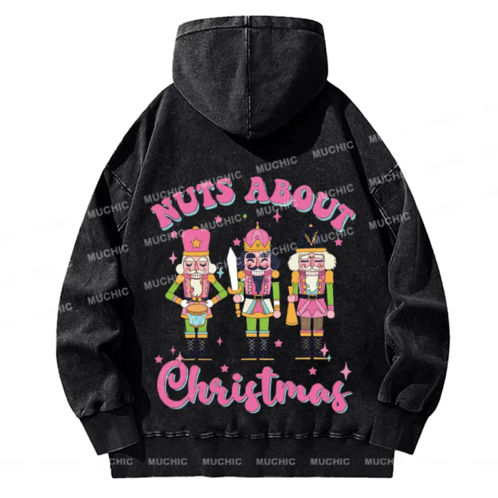 Muchic Nuts About Christmas Back Printed Unisex Casual Washed Plush Thickening Hoodie Sweatshirt