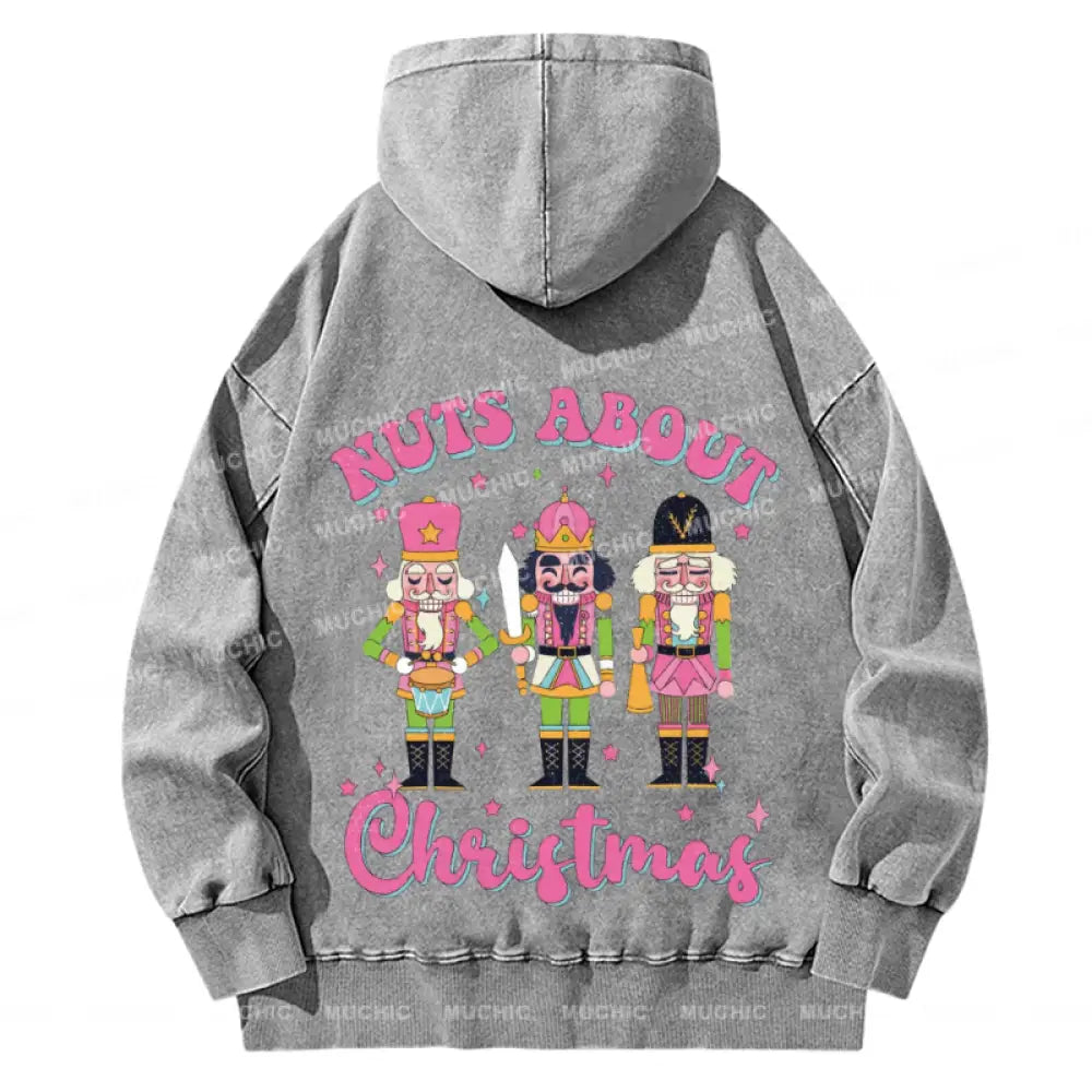 Muchic Nuts About Christmas Back Printed Unisex Casual Washed Plush Thickening Hoodie Sweatshirt