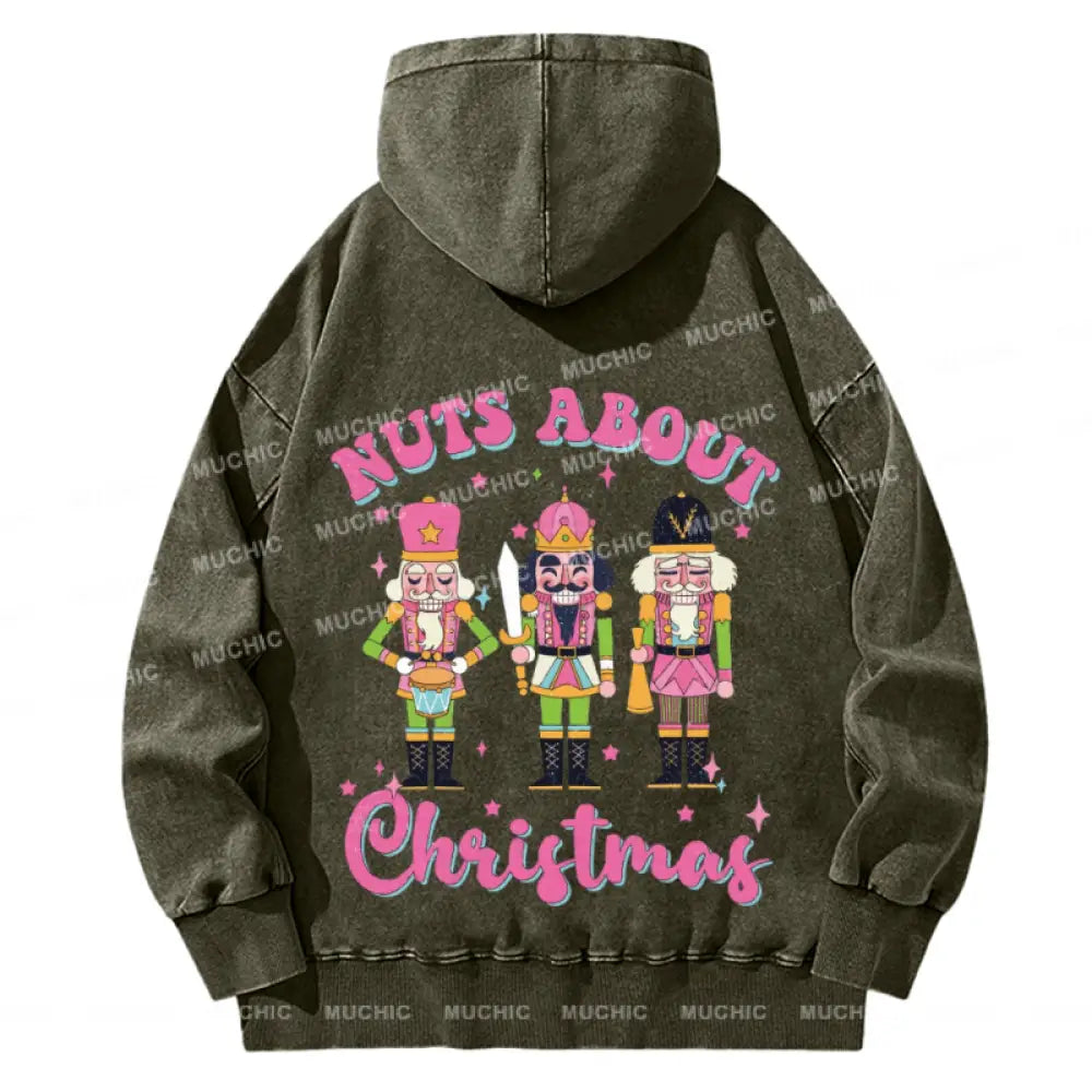 Muchic Nuts About Christmas Back Printed Unisex Casual Washed Plush Thickening Hoodie Sweatshirt