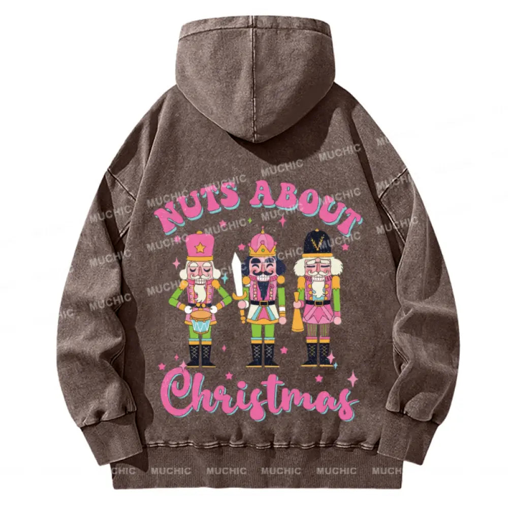 Muchic Nuts About Christmas Back Printed Unisex Casual Washed Plush Thickening Hoodie Sweatshirt