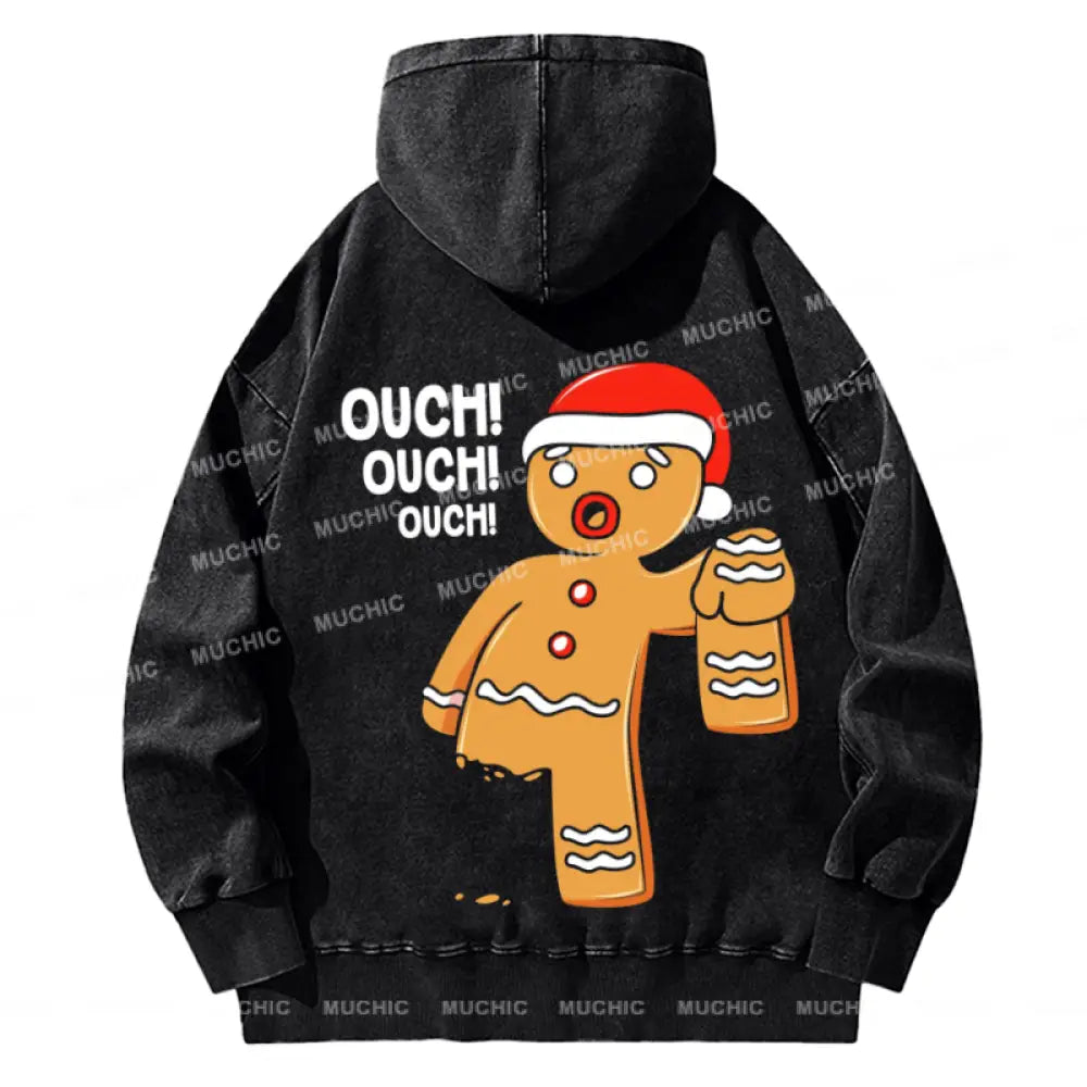 Muchic Ouch Back Printed Unisex Casual Washed Plush Thickening Hoodie Sweatshirt Black / M