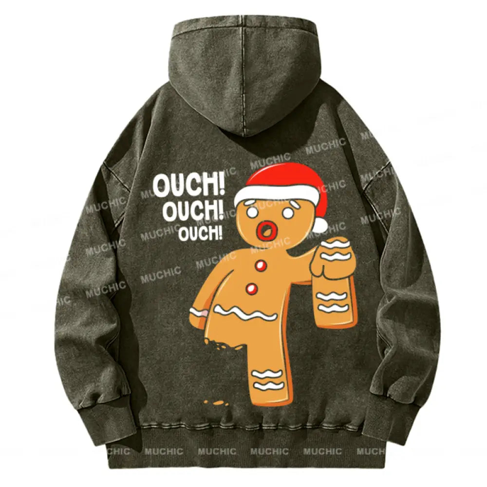 Muchic Ouch Back Printed Unisex Casual Washed Plush Thickening Hoodie Sweatshirt Olive / M