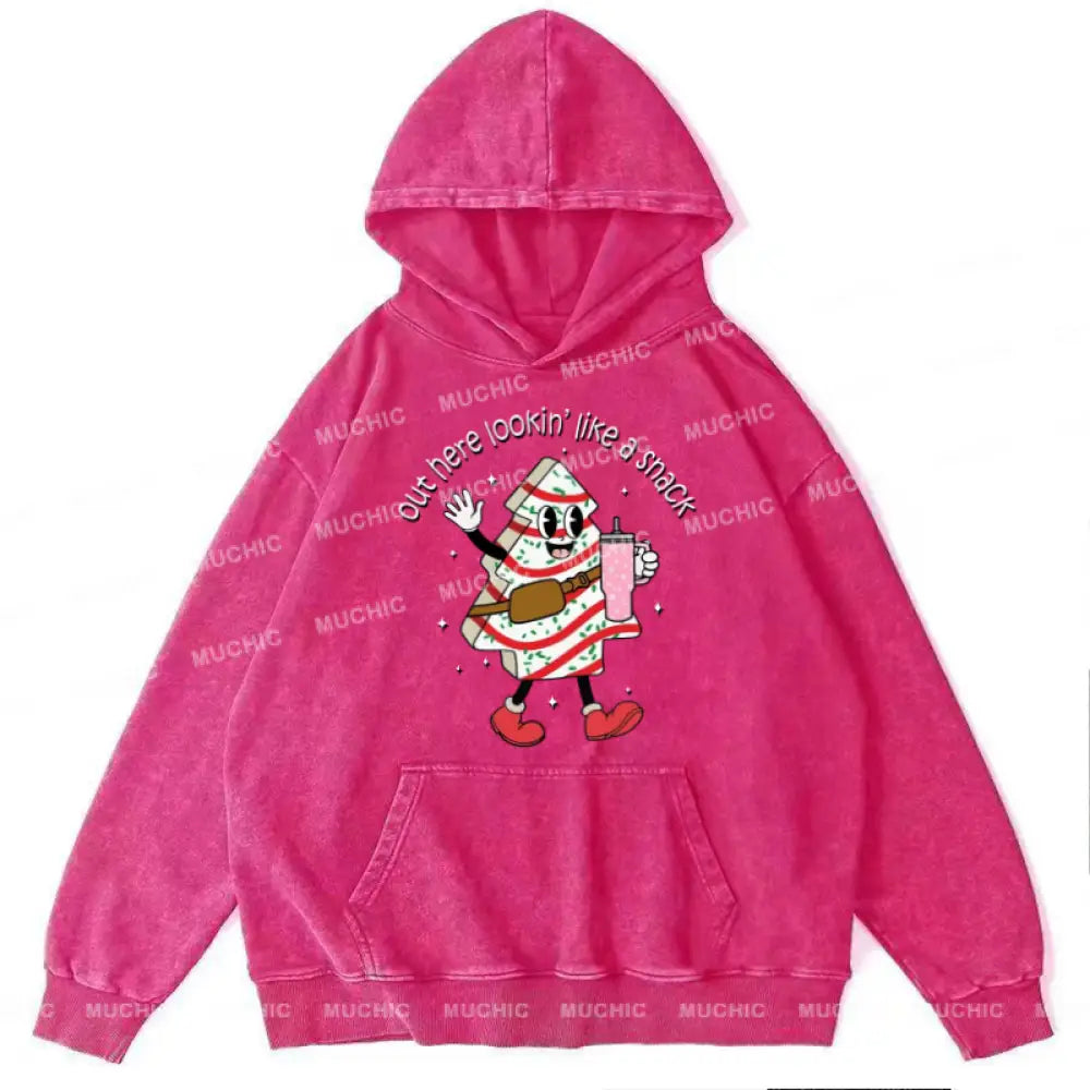 Muchic Out Here Unisex Printed Casual Washed Plush Thickening Hoodie Sweatshirt Hotpink / M