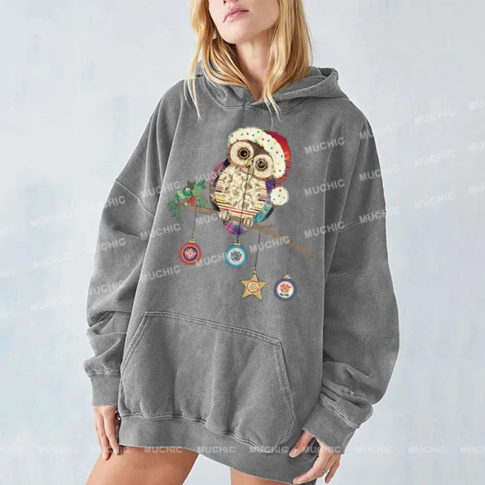 Muchic Owl Christmas Unisex Printed Casual Washed Plush Thickening Hoodie Sweatshirt