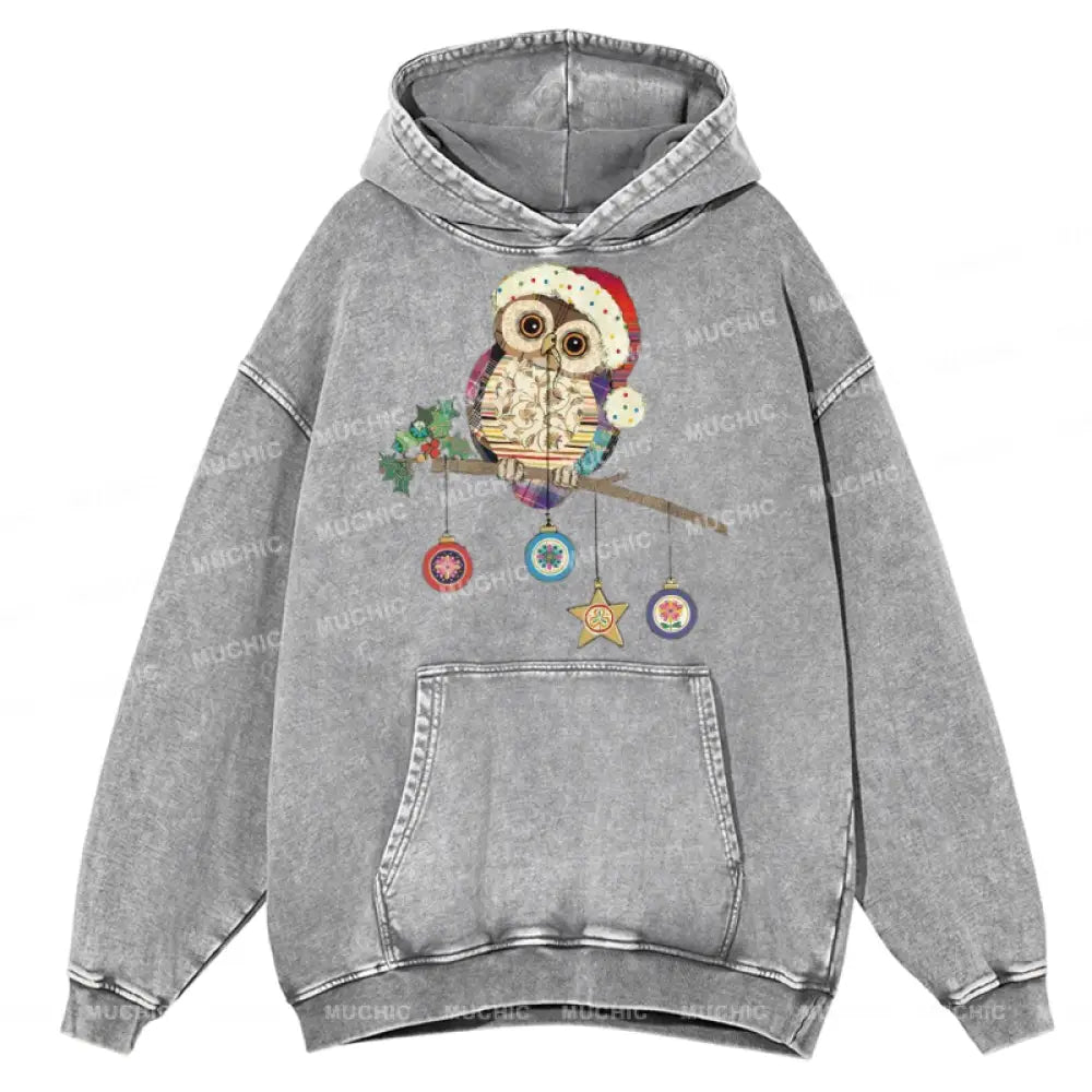 Muchic Owl Christmas Unisex Printed Casual Washed Plush Thickening Hoodie Sweatshirt Grey / M