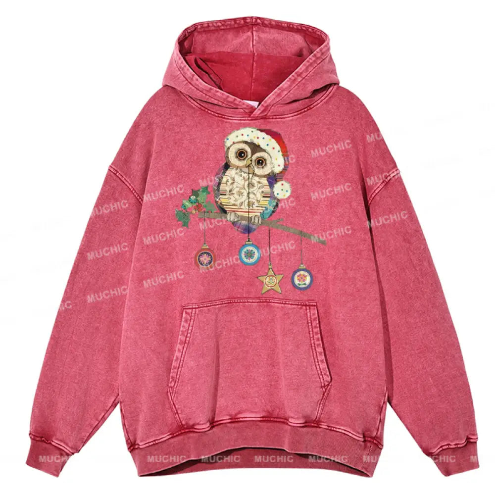 Muchic Owl Christmas Unisex Printed Casual Washed Plush Thickening Hoodie Sweatshirt Hotpink / M