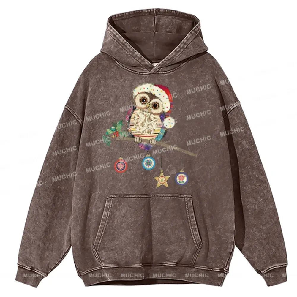 Muchic Owl Christmas Unisex Printed Casual Washed Plush Thickening Hoodie Sweatshirt Peru / M