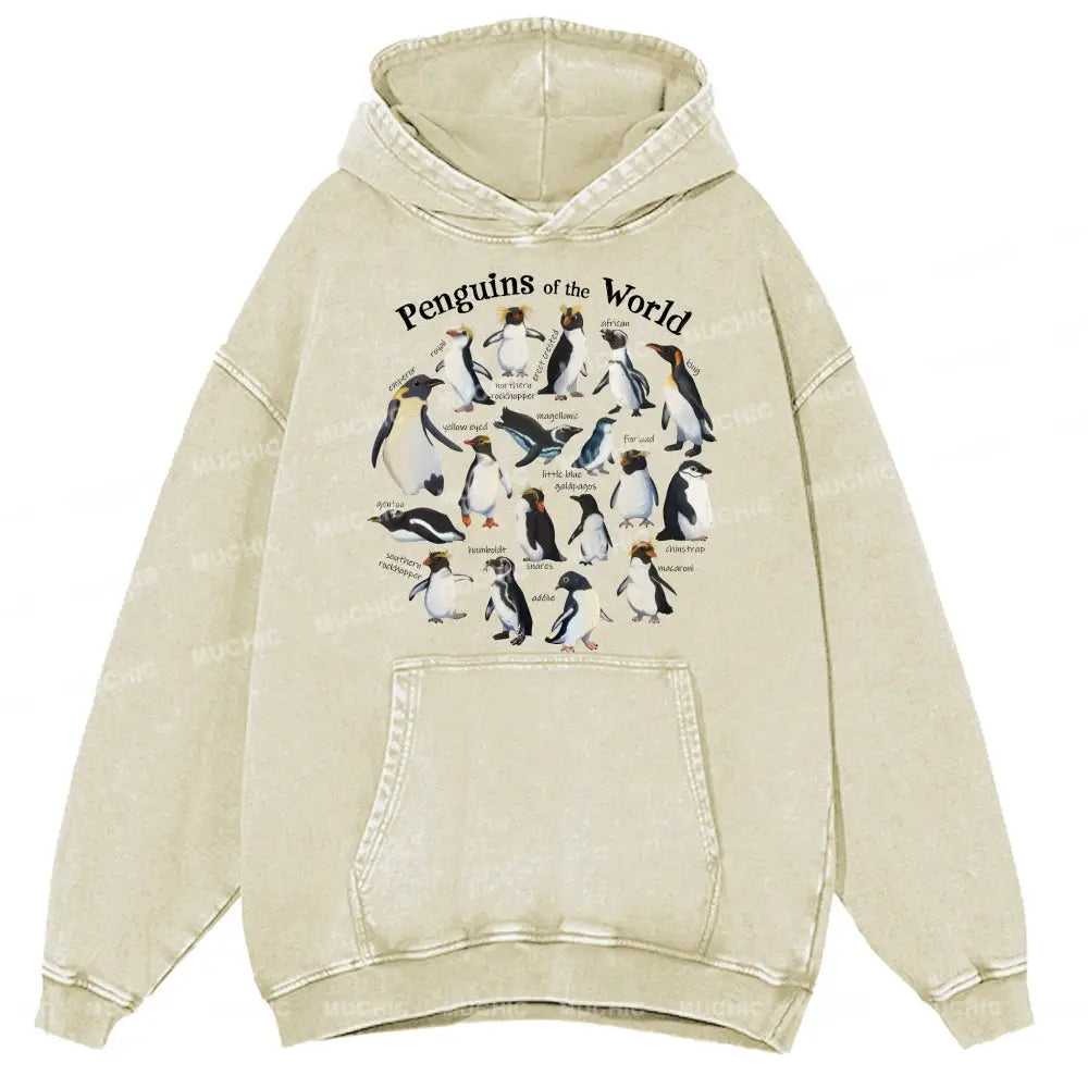 Penguins Of The World Unisex Printed Casual Washed Hoodie Sweatshirt Beige / M