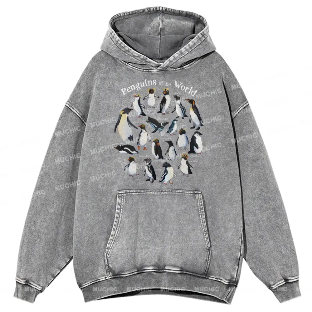 Penguins Of The World Unisex Printed Casual Washed Hoodie Sweatshirt Grey / M