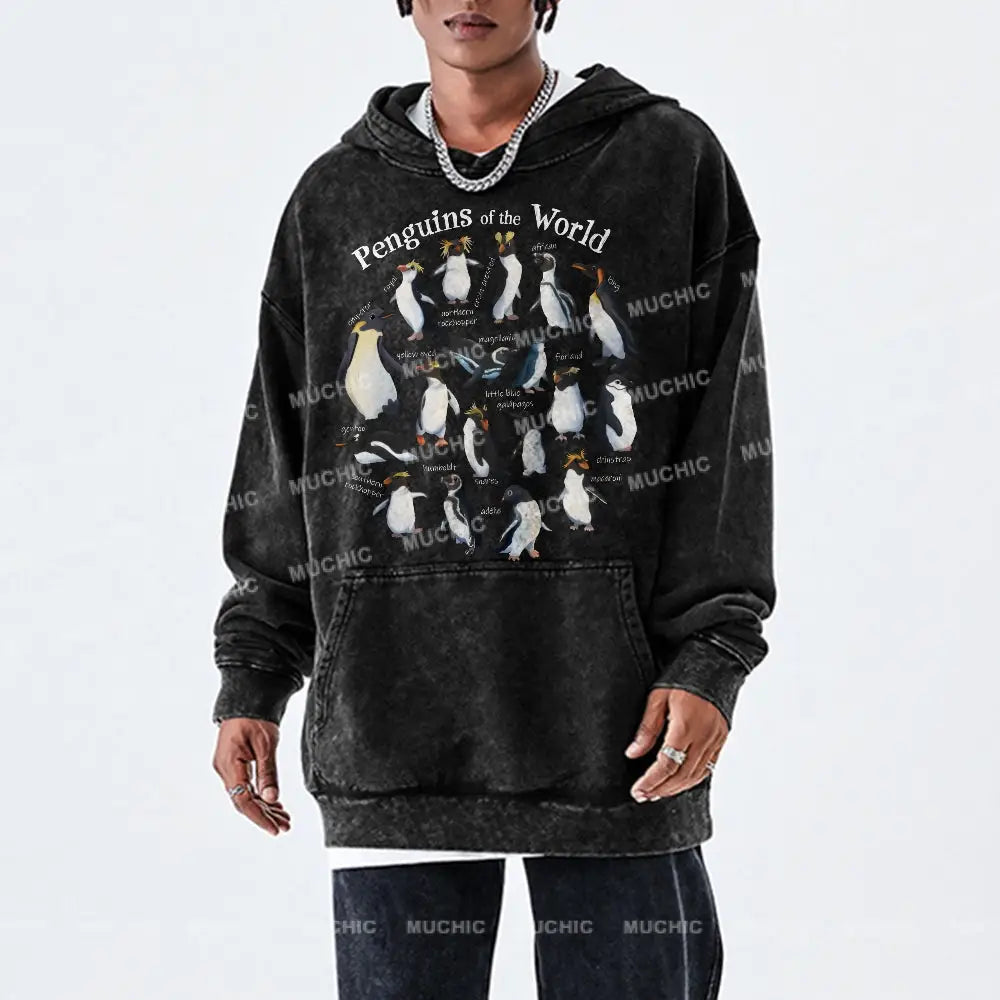 Penguins Of The World Unisex Printed Casual Washed Hoodie Sweatshirt