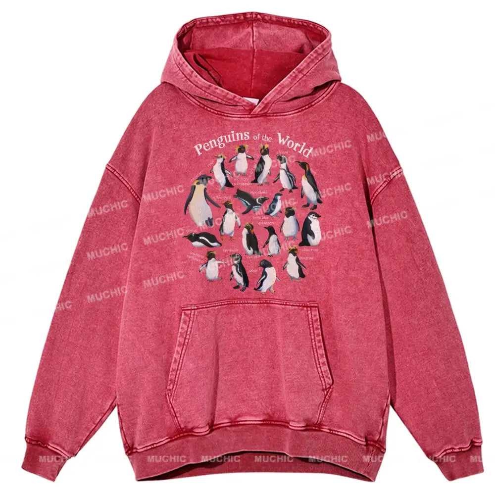 Penguins Of The World Unisex Printed Casual Washed Hoodie Sweatshirt Hotpink / M