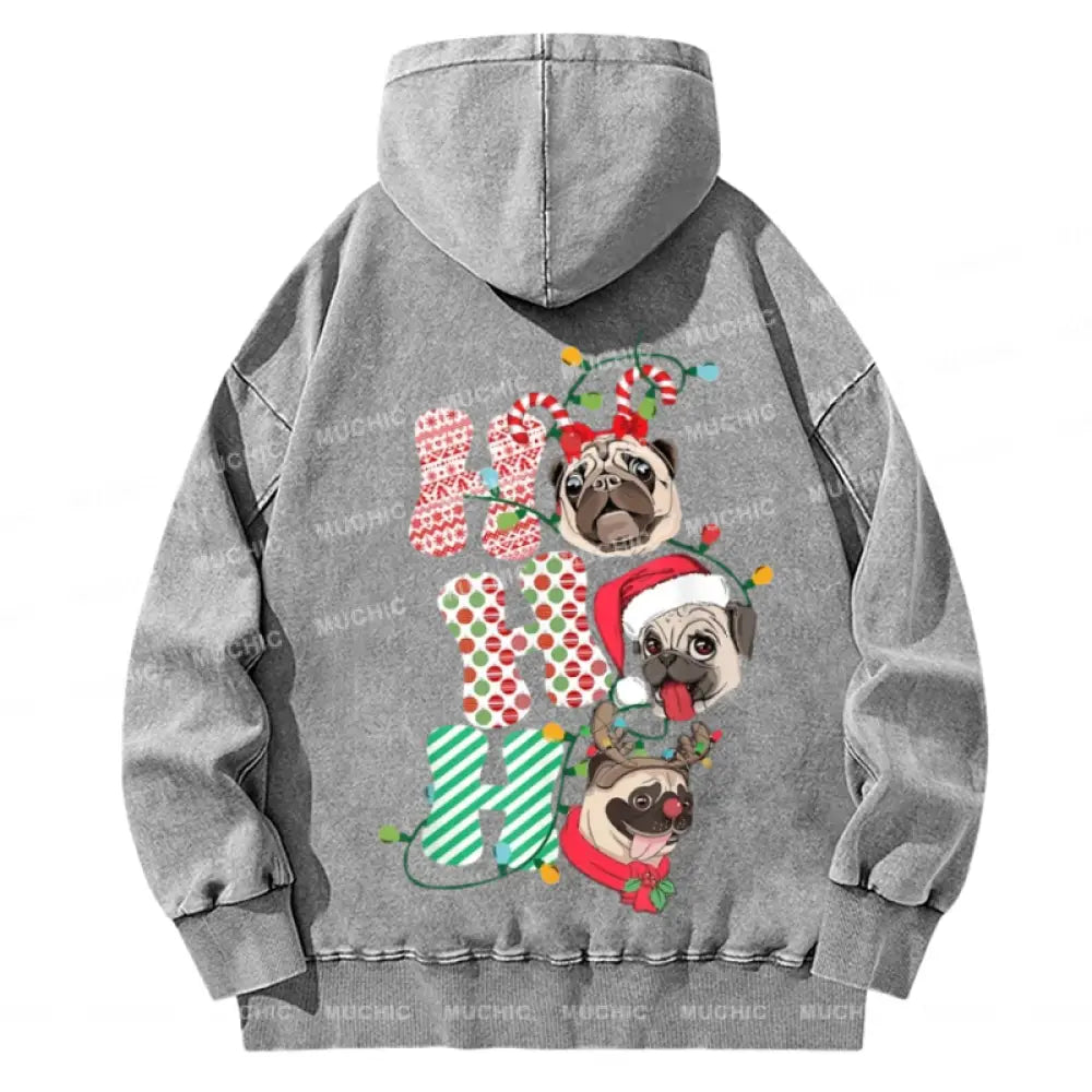 Muchic Pug Christmas Back Printed Unisex Casual Washed Plush Thickening Hoodie Sweatshirt Grey / M