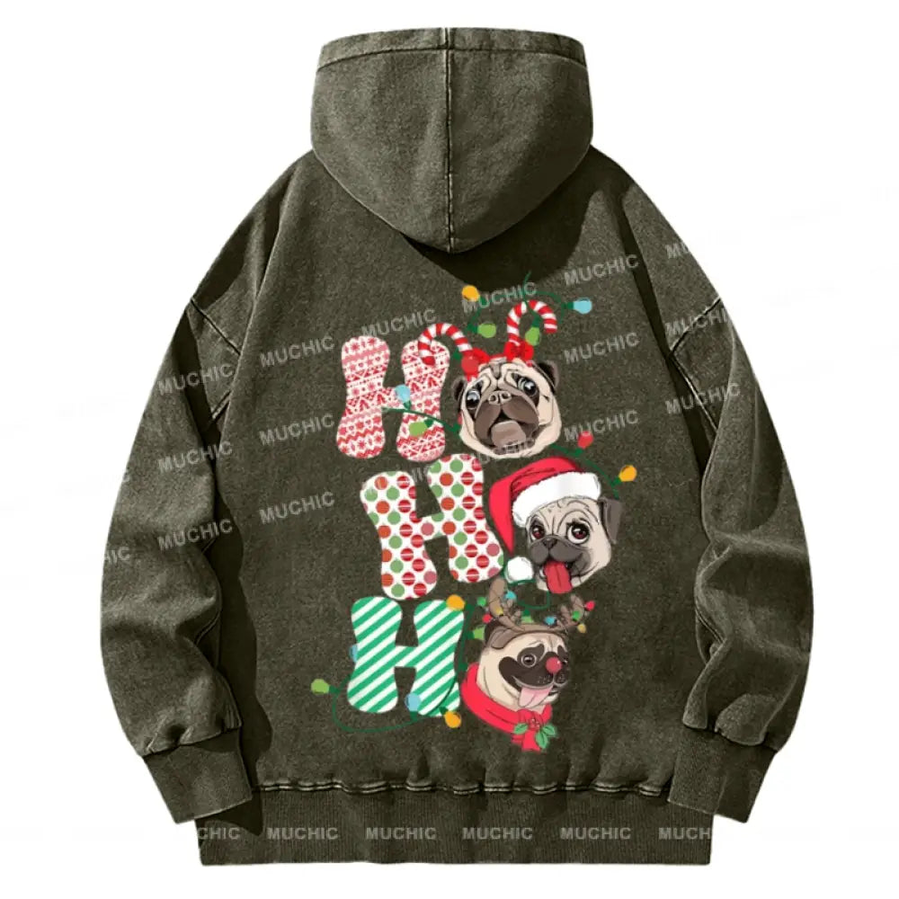 Muchic Pug Christmas Back Printed Unisex Casual Washed Plush Thickening Hoodie Sweatshirt Olive / M