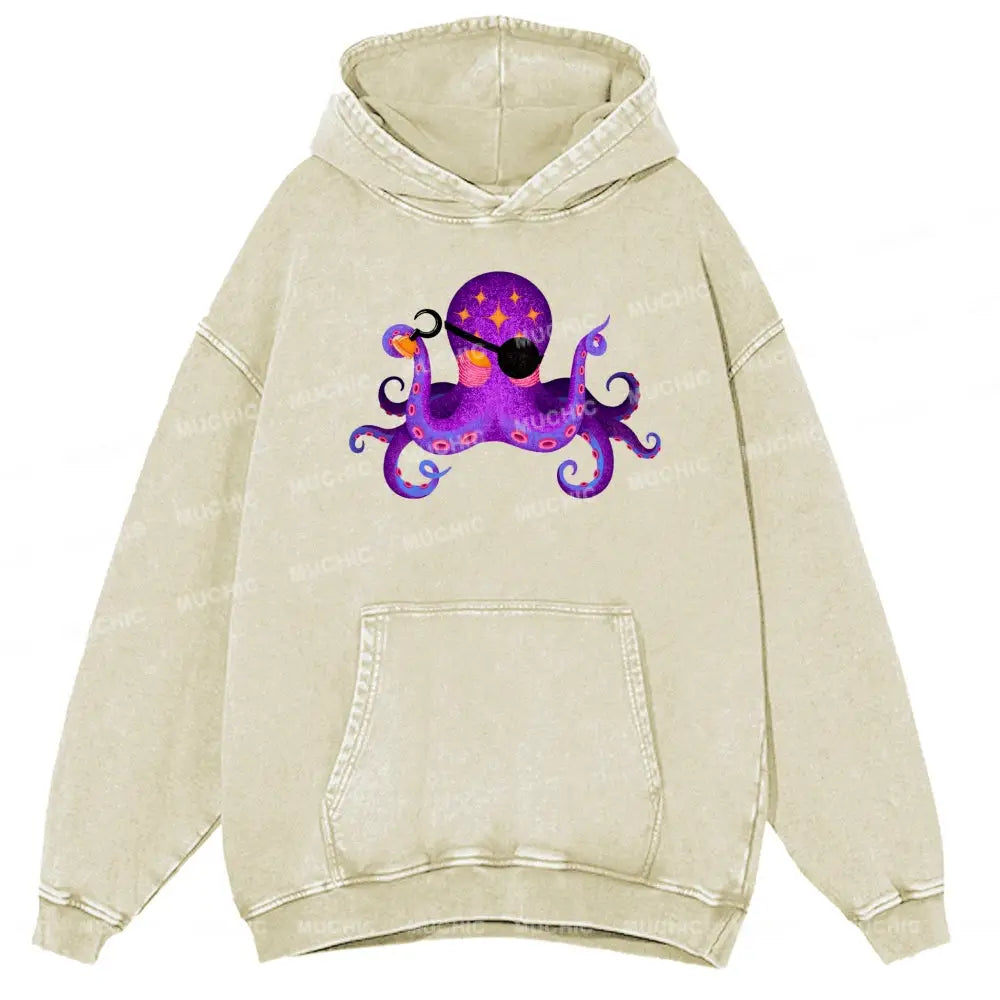 Purple Octopus Unisex Printed Casual Washed Hoodie Sweatshirt Beige / M