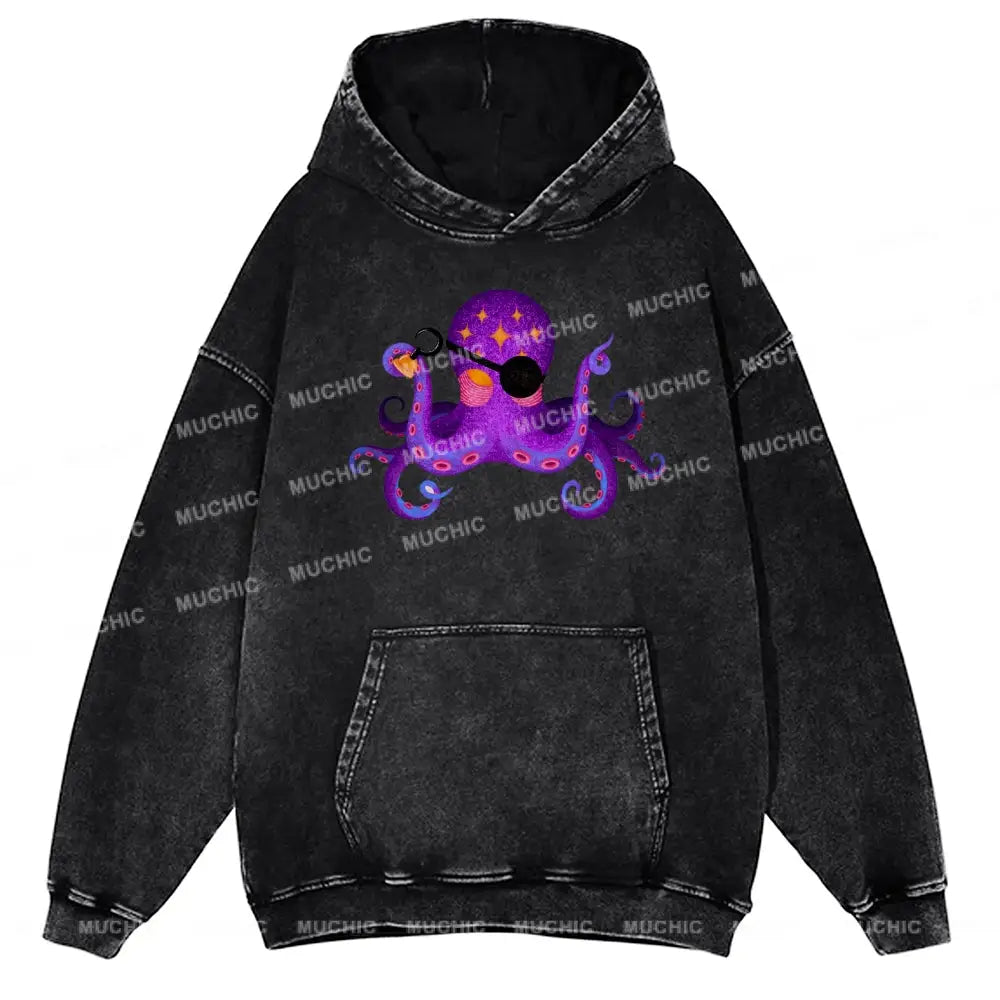 Purple Octopus Unisex Printed Casual Washed Hoodie Sweatshirt Black / M