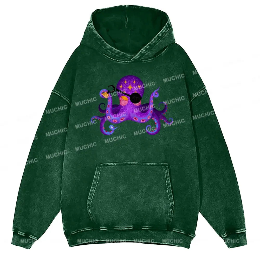 Purple Octopus Unisex Printed Casual Washed Hoodie Sweatshirt Green / M