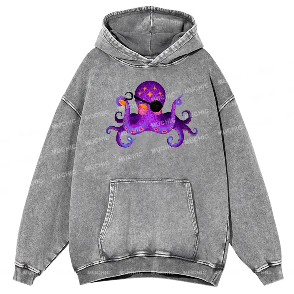 Purple Octopus Unisex Printed Casual Washed Hoodie Sweatshirt Grey / M