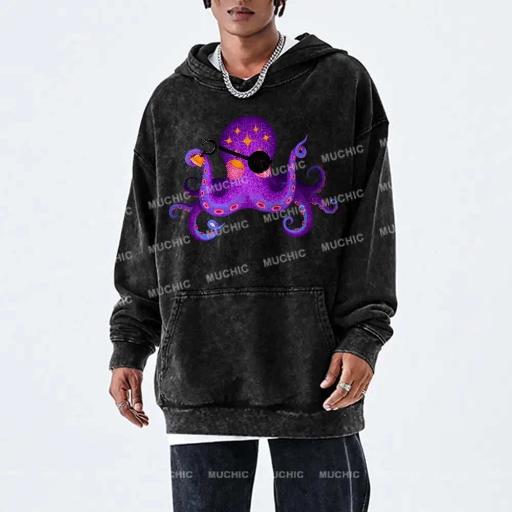 Purple Octopus Unisex Printed Casual Washed Hoodie Sweatshirt