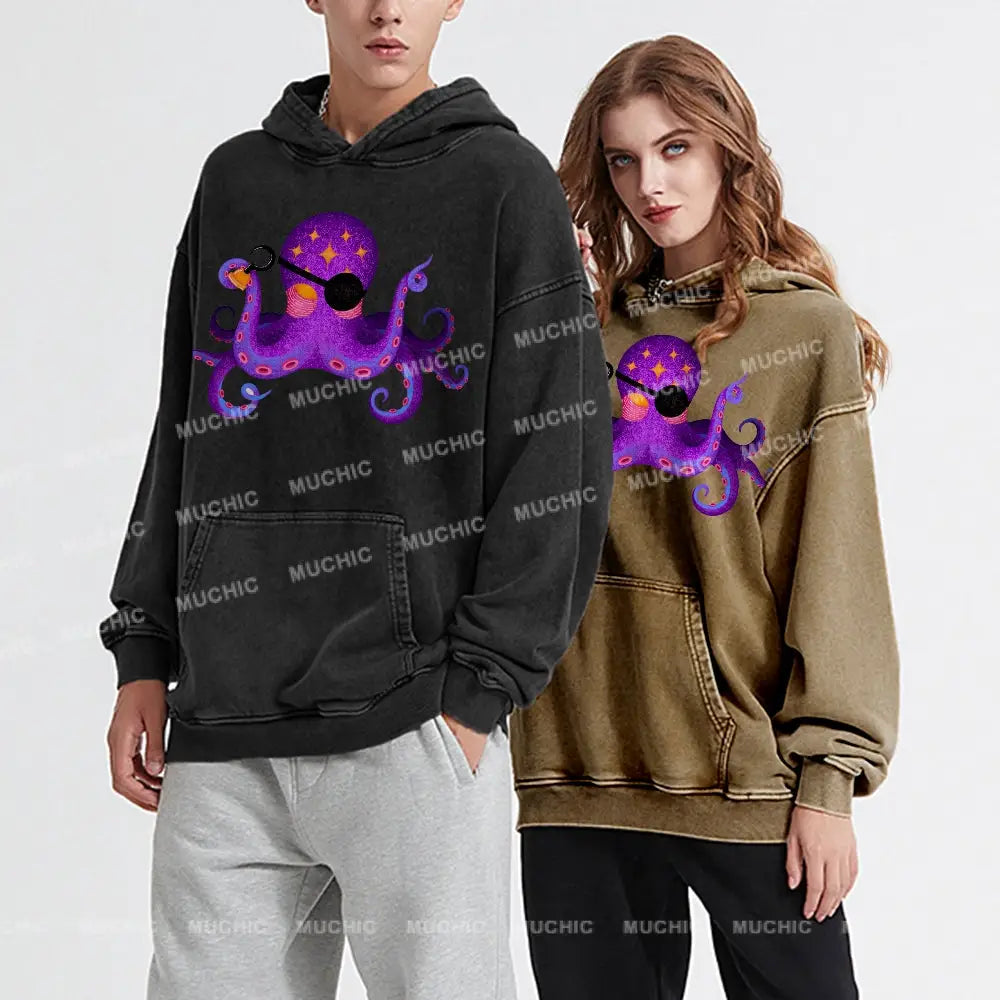 Purple Octopus Unisex Printed Casual Washed Hoodie Sweatshirt