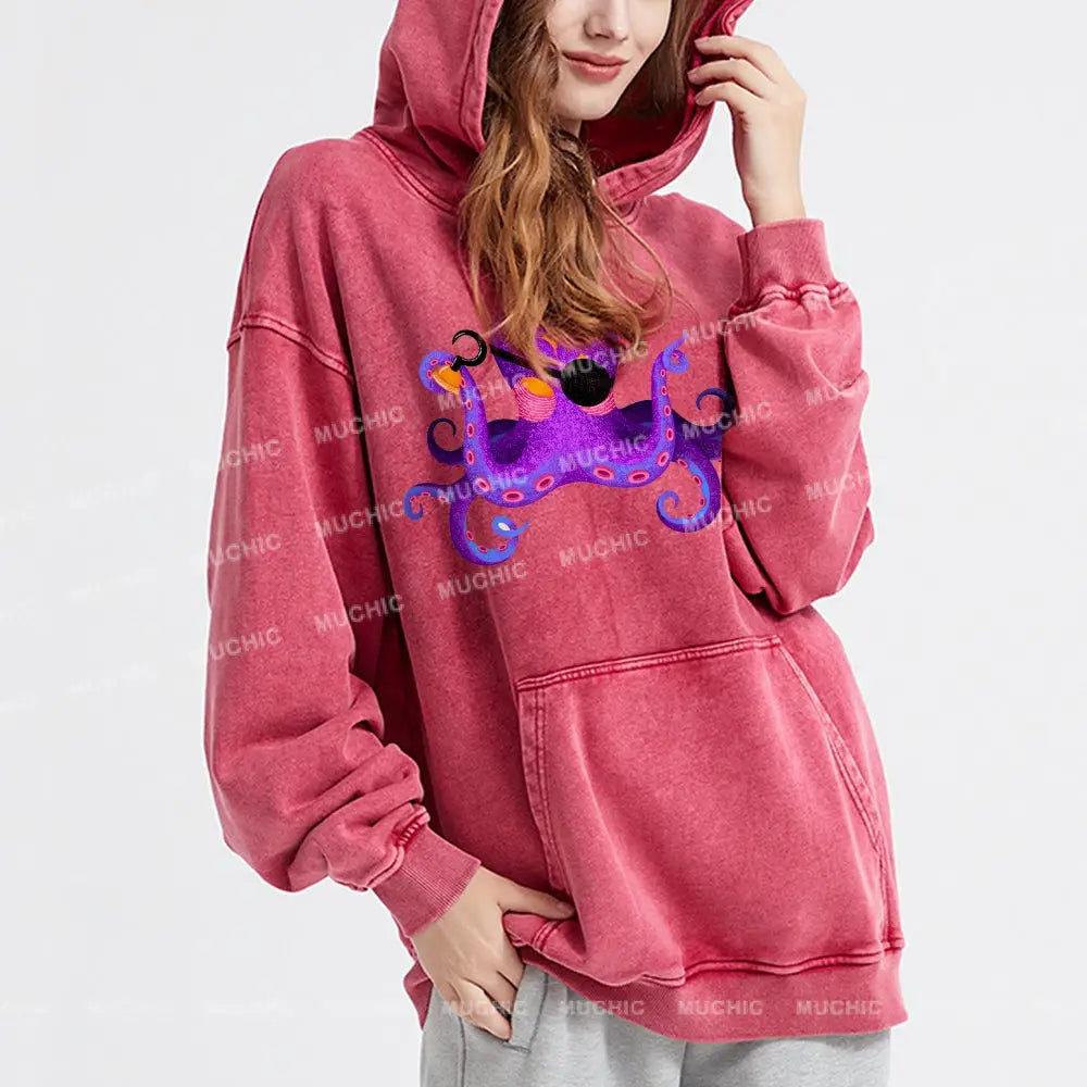 Purple Octopus Unisex Printed Casual Washed Hoodie Sweatshirt