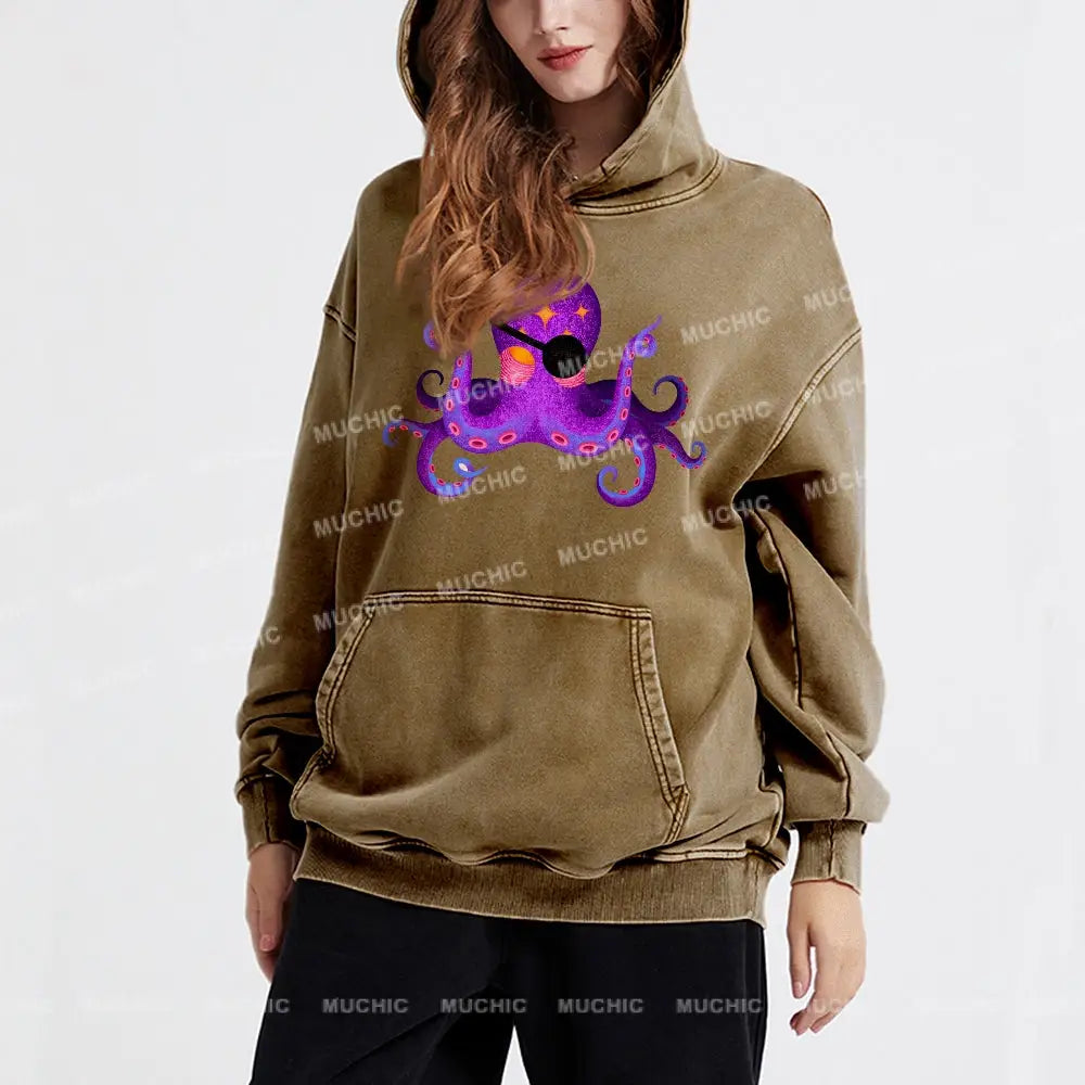 Purple Octopus Unisex Printed Casual Washed Hoodie Sweatshirt