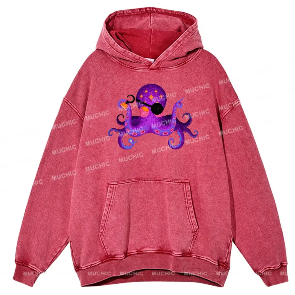 Purple Octopus Unisex Printed Casual Washed Hoodie Sweatshirt Hotpink / M