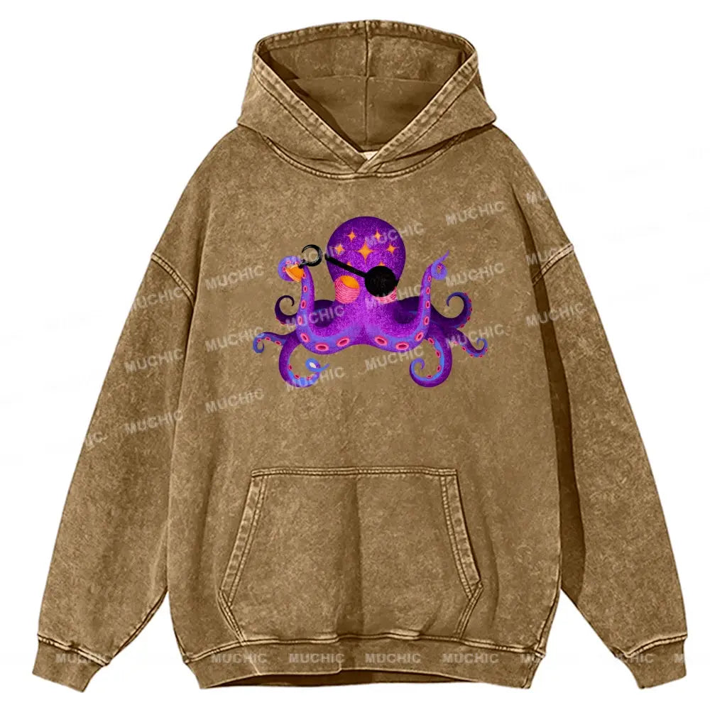 Purple Octopus Unisex Printed Casual Washed Hoodie Sweatshirt Khaki / M