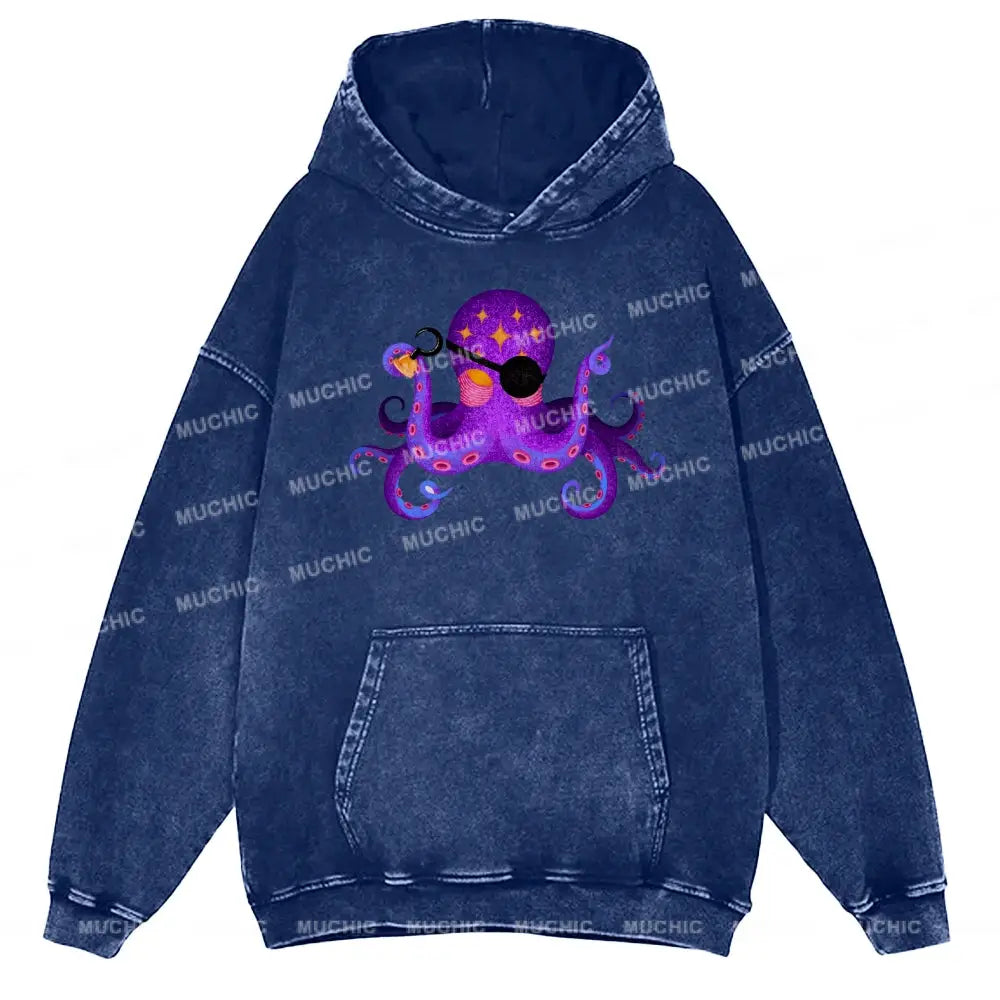 Purple Octopus Unisex Printed Casual Washed Hoodie Sweatshirt Navy / M