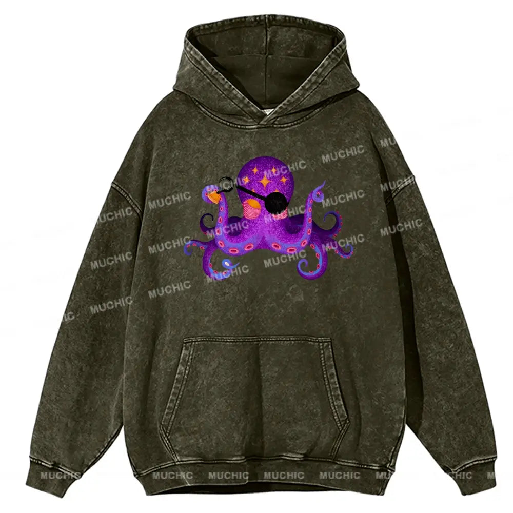 Purple Octopus Unisex Printed Casual Washed Hoodie Sweatshirt Olive / M