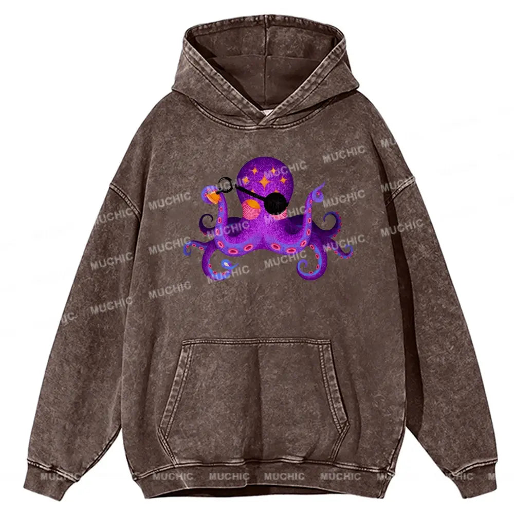 Purple Octopus Unisex Printed Casual Washed Hoodie Sweatshirt Peru / M