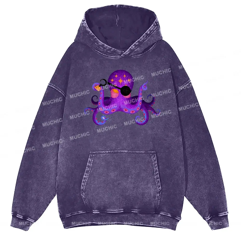 Purple Octopus Unisex Printed Casual Washed Hoodie Sweatshirt / M