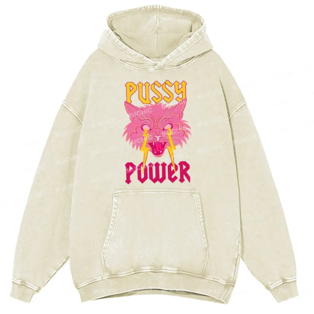 Pussy Power Unisex Printed Casual Washed Hoodie Sweatshirt Beige / M