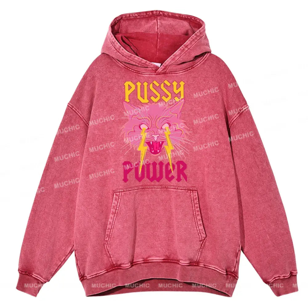 Pussy Power Unisex Printed Casual Washed Hoodie Sweatshirt Hotpink / M