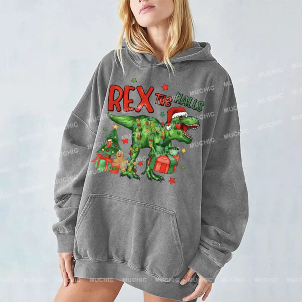 Muchic Rex The Halls Unisex Printed Casual Washed Plush Thickening Hoodie Sweatshirt